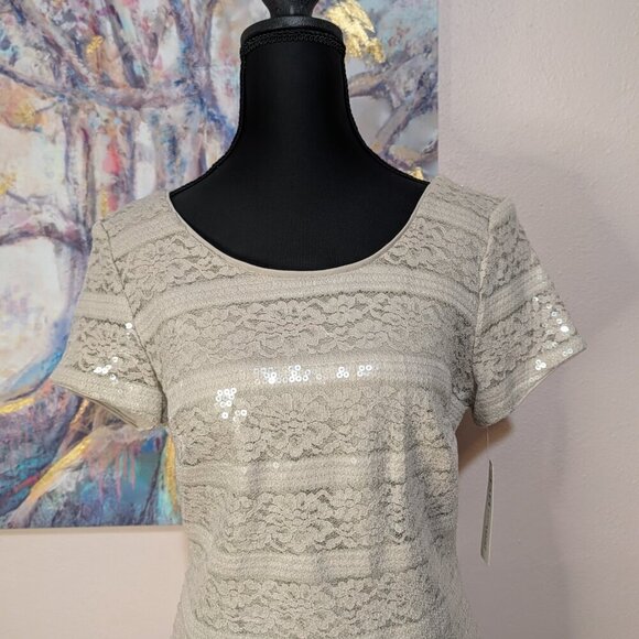 NEW Donna Ricco Knee-Length Sheath Dress, Cap Sleeve Taupe Lace & Sequin Overlay - Picture 3 of 15